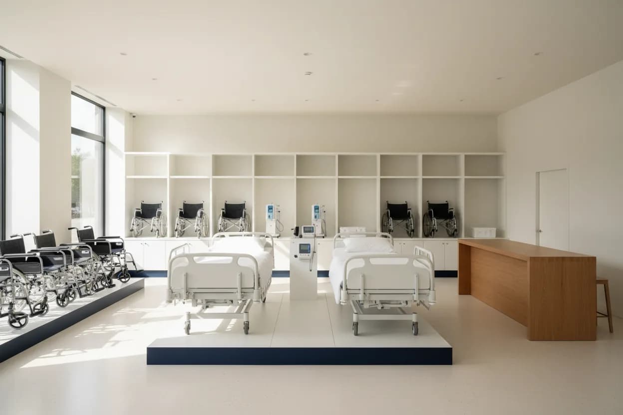 Interior of Arihant Health Care showroom in Ahmedabad, with wheelchairs, hospital beds, and BP monitors displayed on plinths under warm afternoon light.